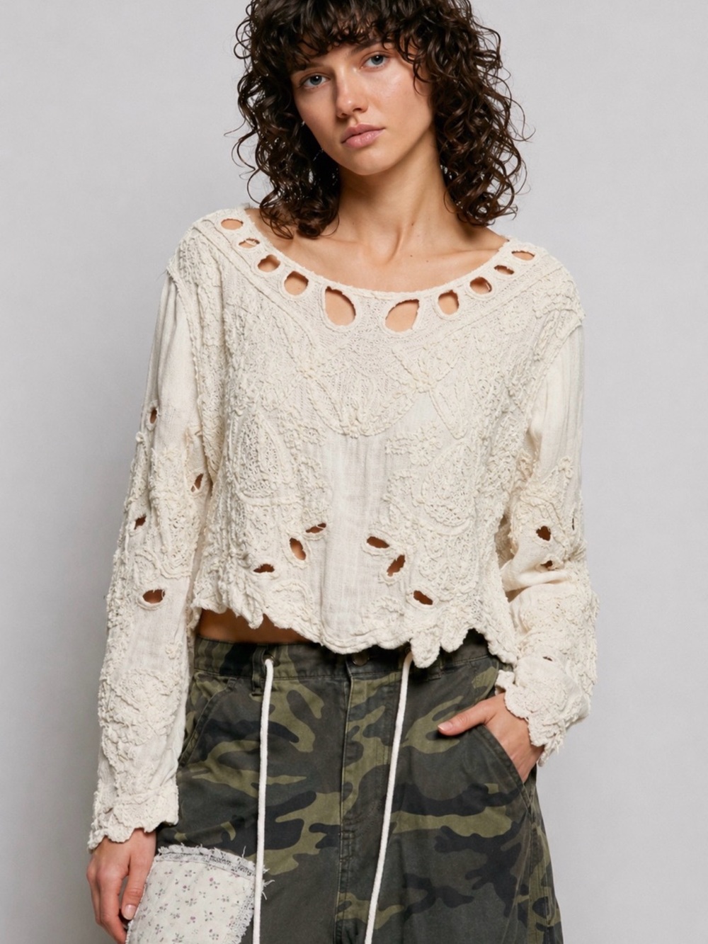 New POL Women's Cream Crochet Lace Long-Sleeve Top